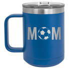 Laser etched royal blue 15 oz vacuum insulated coffee mug with 'Mom Soccer' design