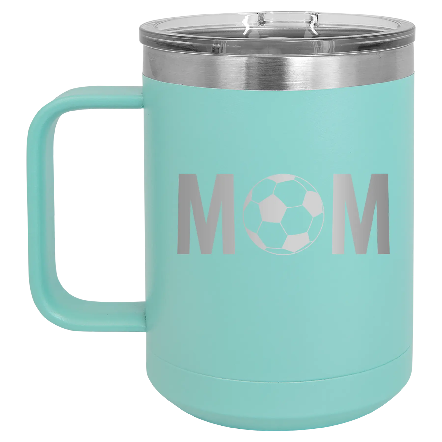 Laser etched teal 15 oz vacuum insulated coffee mug with 'Mom Soccer' design