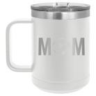 Laser etched white 15 oz vacuum insulated coffee mug with 'Mom Soccer' design