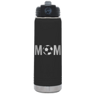 Laser etched black 20 oz vacuum insulated water bottle with 'Mom Soccer' design