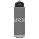 Laser etched dark gray 20 oz vacuum insulated water bottle with 'Mom Soccer' design