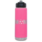 Laser etched pink 20 oz vacuum insulated water bottle with 'Mom Soccer' design