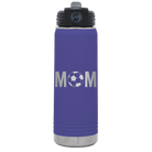 Laser etched purple 20 oz vacuum insulated water bottle with 'Mom Soccer' design