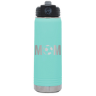 Laser etched teal 20 oz vacuum insulated water bottle with 'Mom Soccer' design