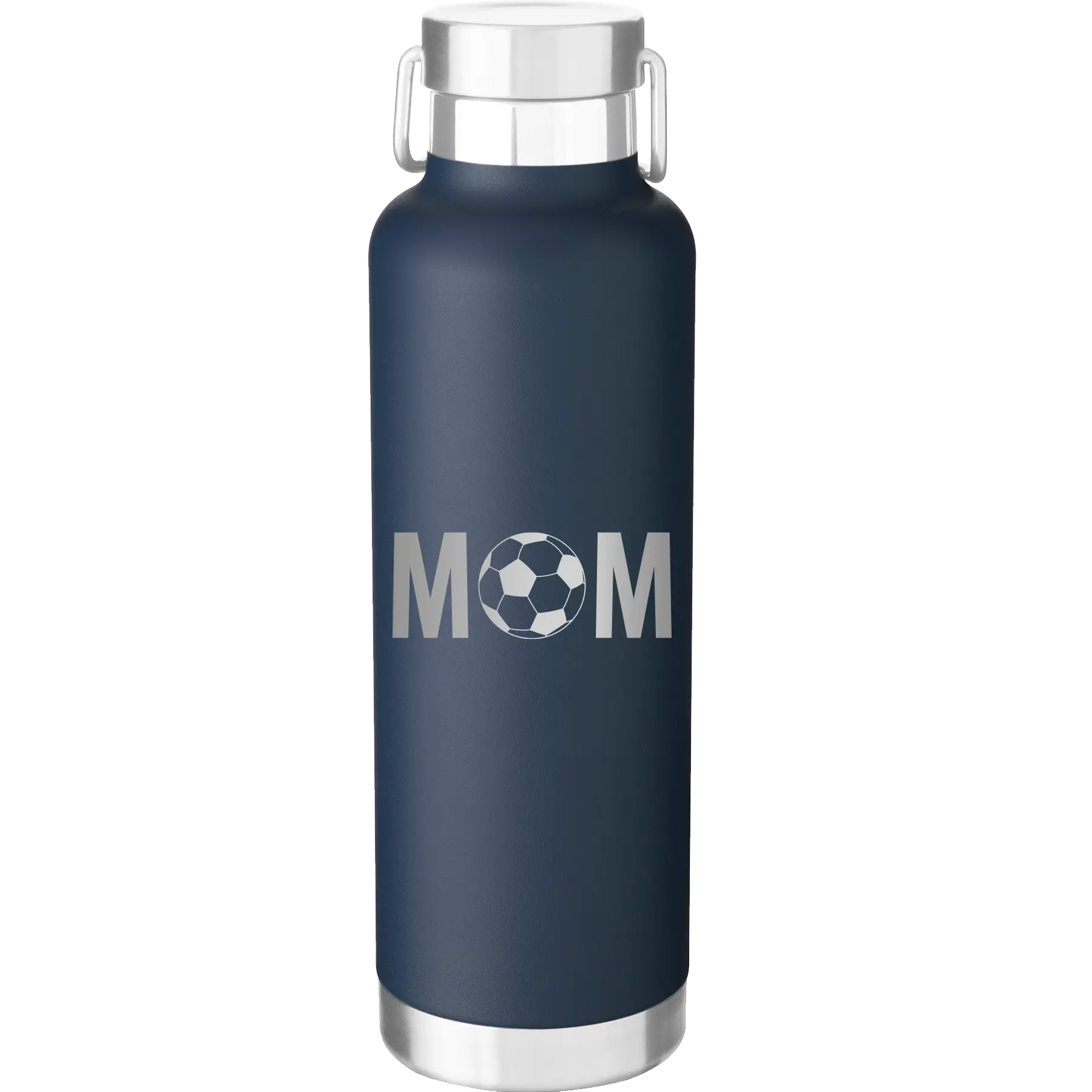 Laser etched navy 24 oz vacuum insulated water bottle with 'Mom Soccer' design