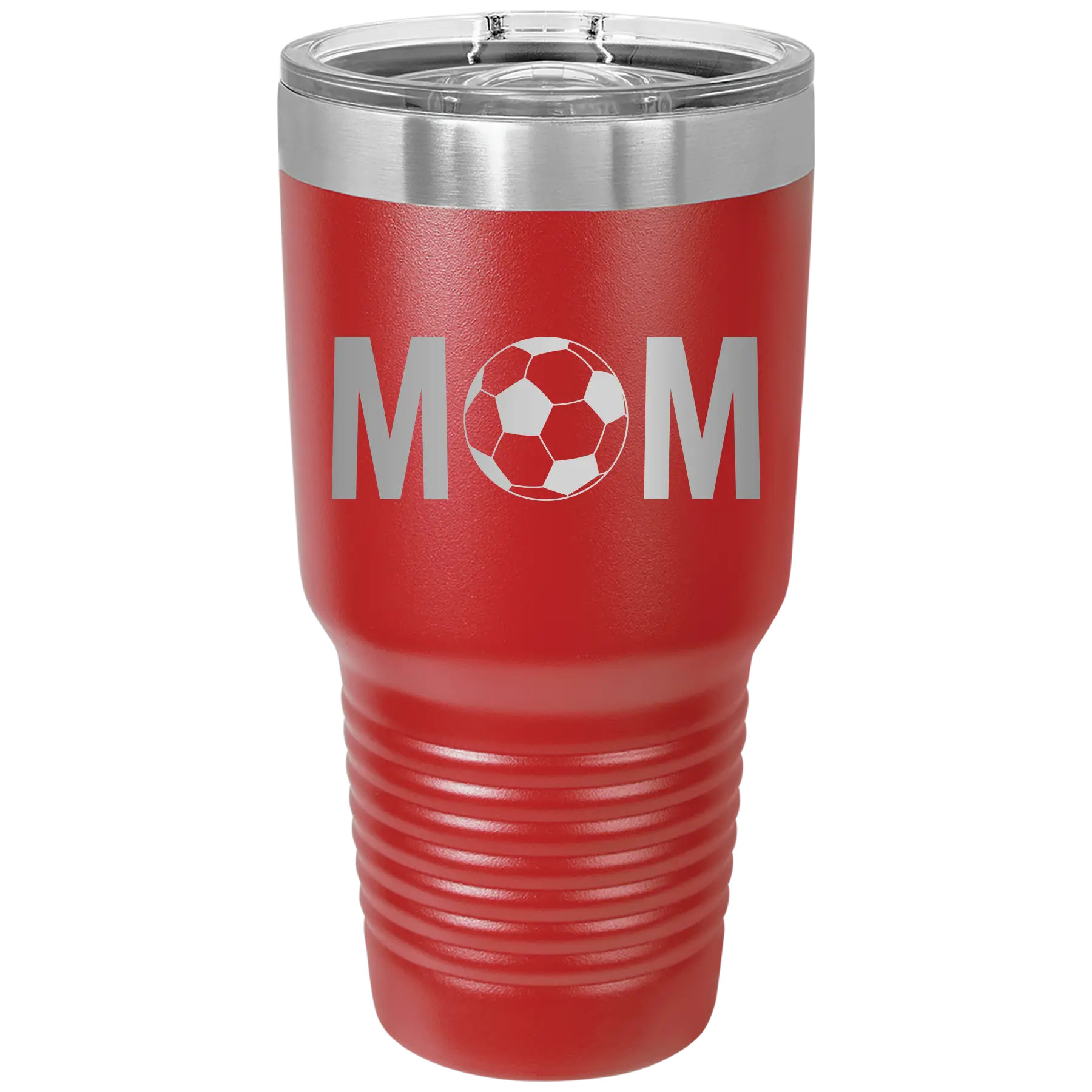 Laser etched red 30 oz vacuum insulated tumbler with 'Mom Soccer' design