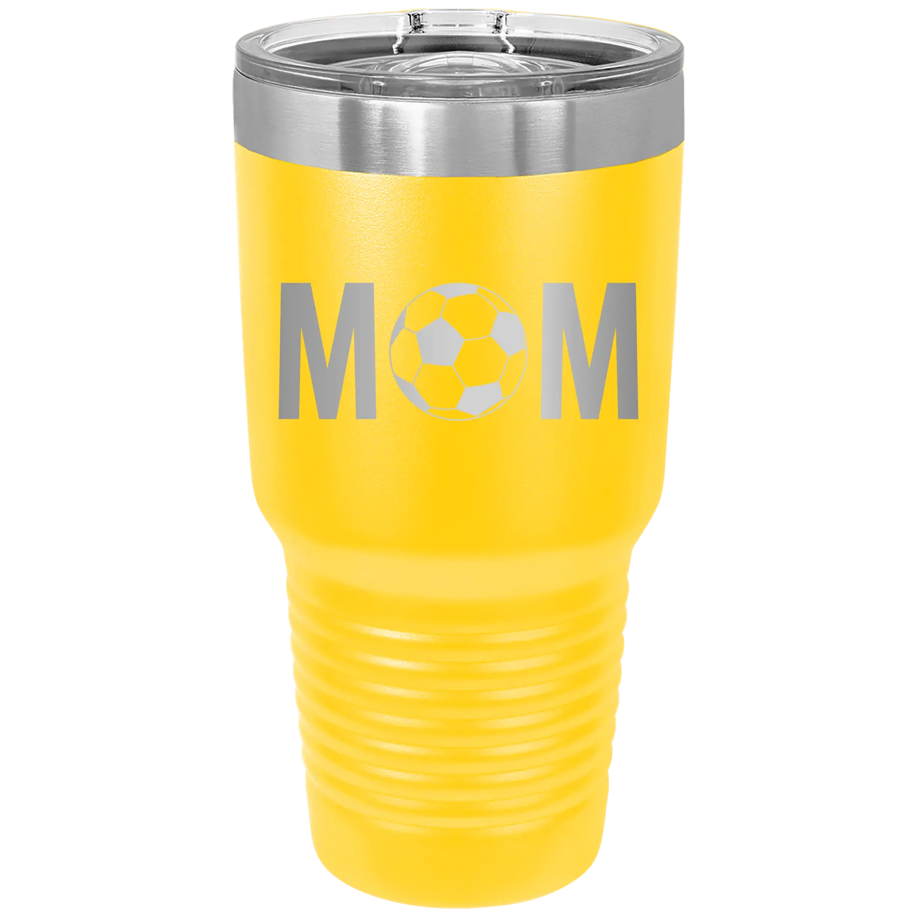 Laser etched yellow 30 oz vacuum insulated tumbler with 'Mom Soccer' design
