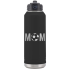 Laser etched black 32 oz vacuum insulated water bottle with 'Mom Soccer' design