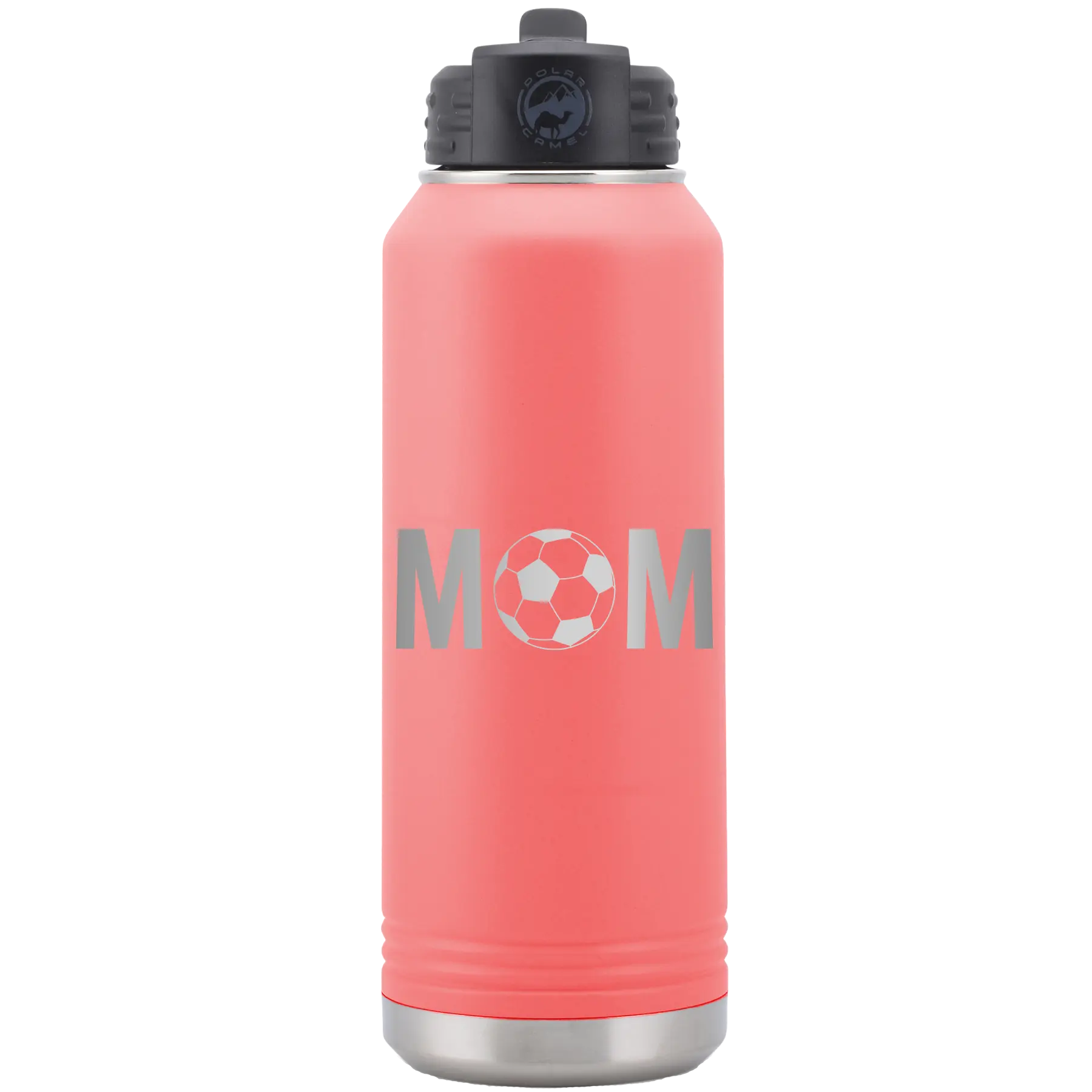 Laser etched coral 32 oz vacuum insulated water bottle with 'Mom Soccer' design