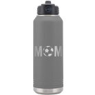 Laser etched dark gray 32 oz vacuum insulated water bottle with 'Mom Soccer' design