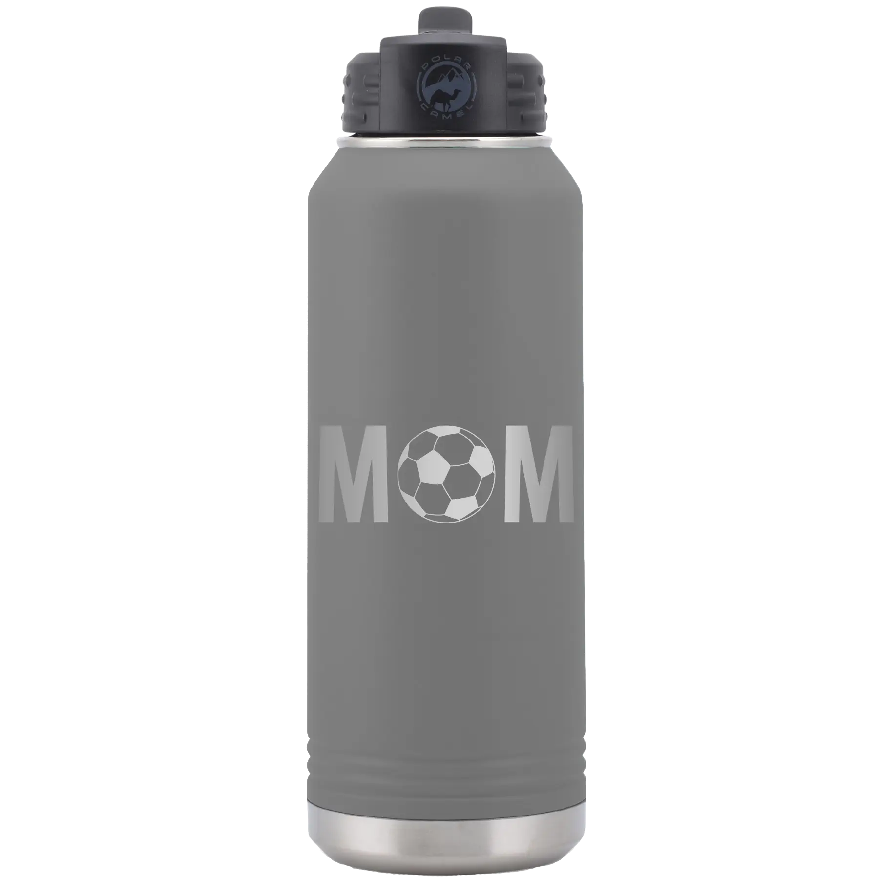Laser etched dark gray 32 oz vacuum insulated water bottle with 'Mom Soccer' design