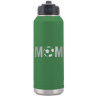 Laser etched green 32 oz vacuum insulated water bottle with 'Mom Soccer' design