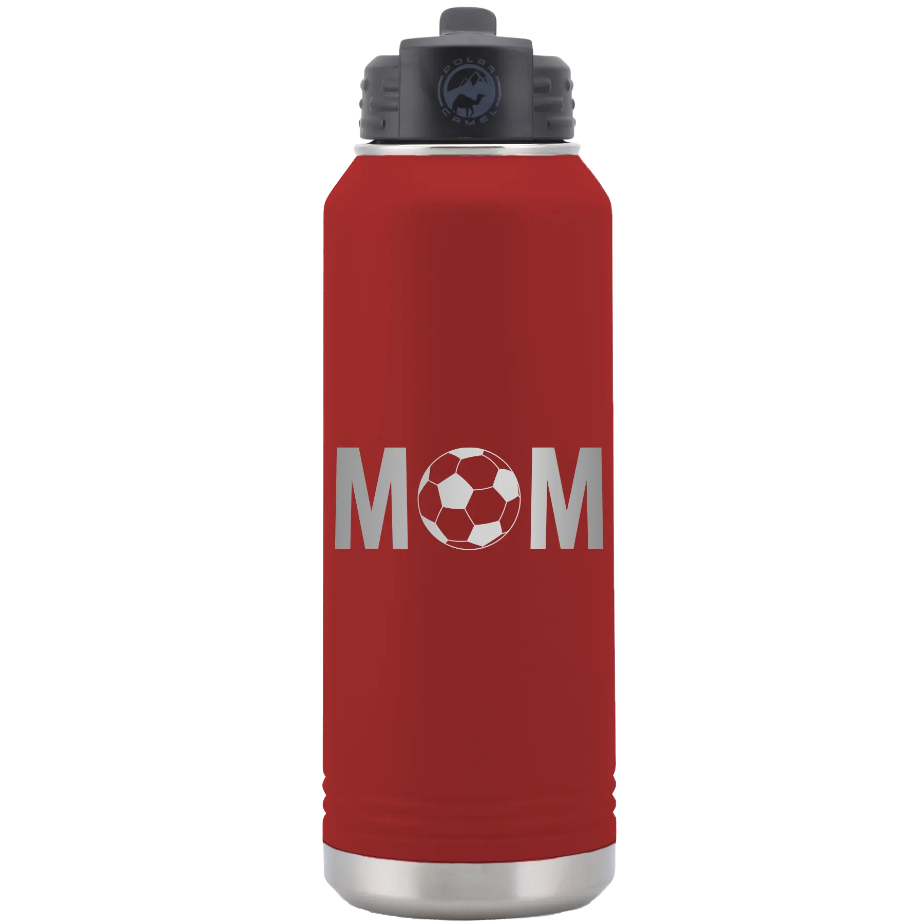 Laser etched maroon 32 oz vacuum insulated water bottle with 'Mom Soccer' design