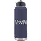 Laser etched navy 32 oz vacuum insulated water bottle with 'Mom Soccer' design