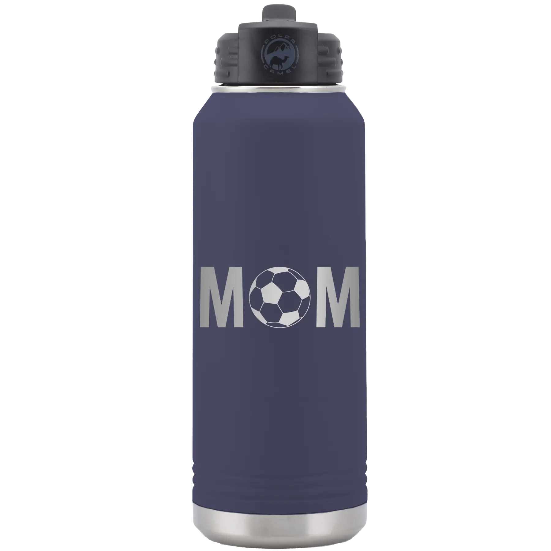 Laser etched navy 32 oz vacuum insulated water bottle with 'Mom Soccer' design