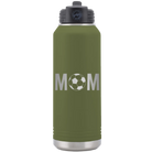 Laser etched olive green 32 oz vacuum insulated water bottle with 'Mom Soccer' design