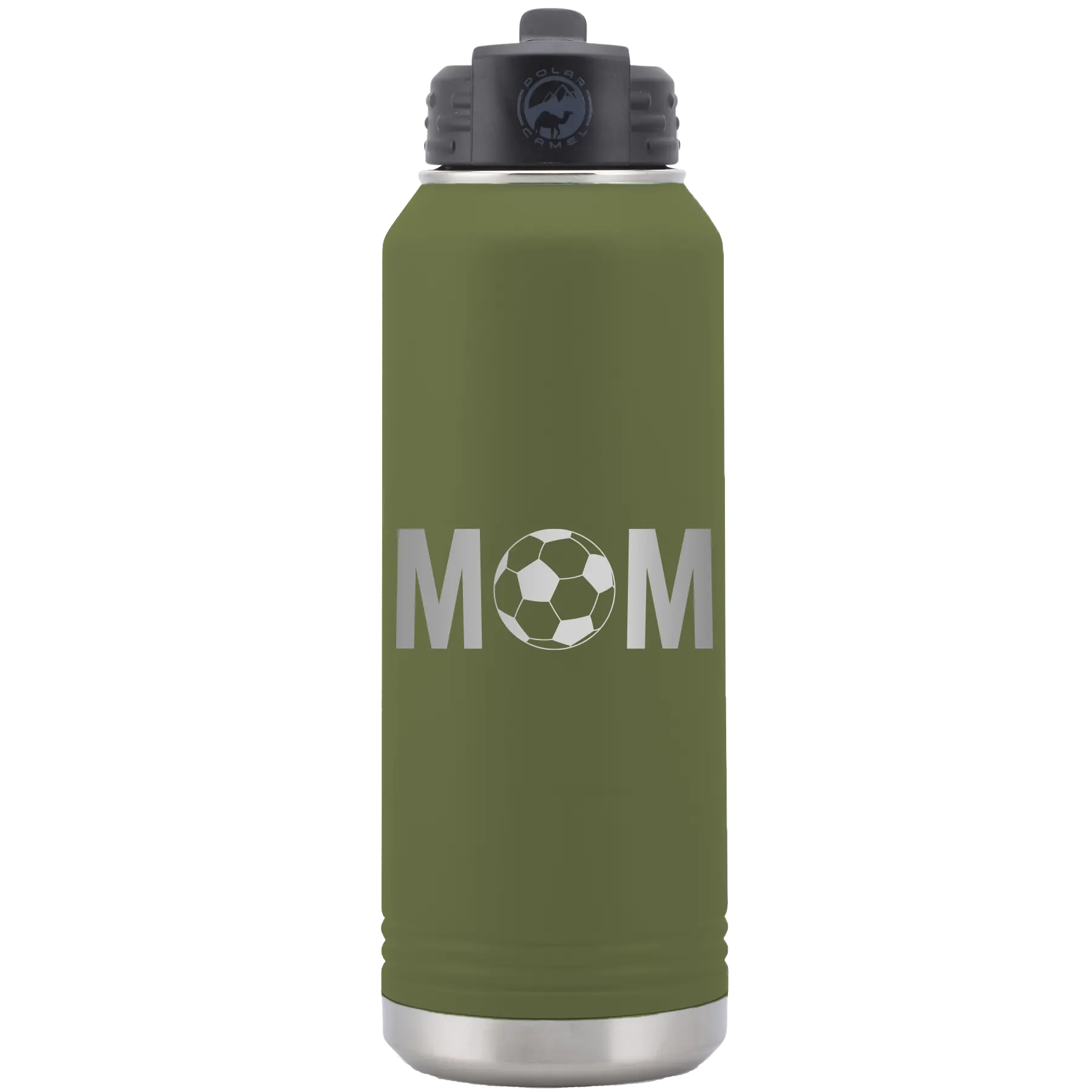 Laser etched olive green 32 oz vacuum insulated water bottle with 'Mom Soccer' design