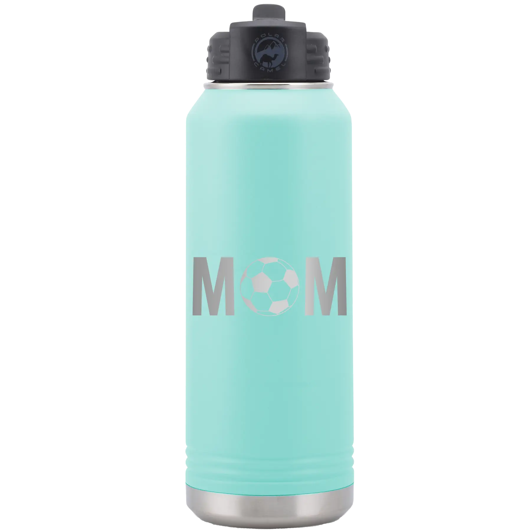 Laser etched teal 32 oz vacuum insulated water bottle with 'Mom Soccer' design