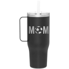 Laser etched black 40 oz vacuum insulated tumbler mug with 'Mom Soccer' design