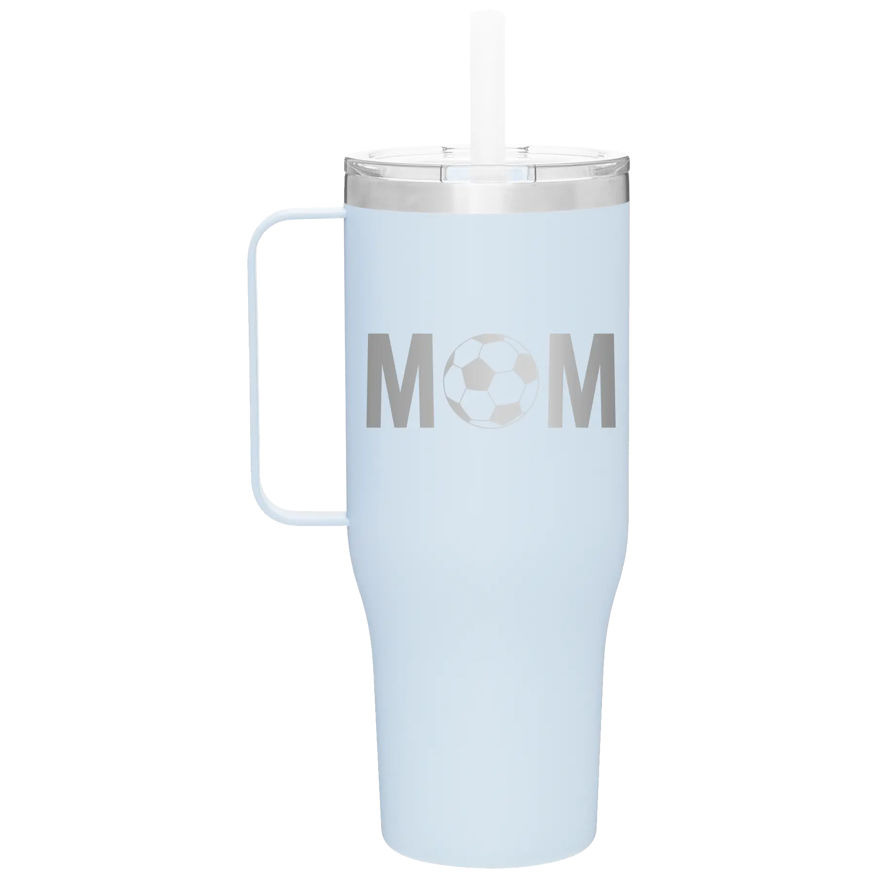 Laser etched landfall 40 oz vacuum insulated tumbler mug with 'Mom Soccer' design