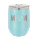 Laser etched light blue 12 oz vacuum insulated wine cup with 'Mom Soccer' design