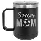 Laser etched black 15 oz vacuum insulated coffee mug with 'Mom Soccer2' design