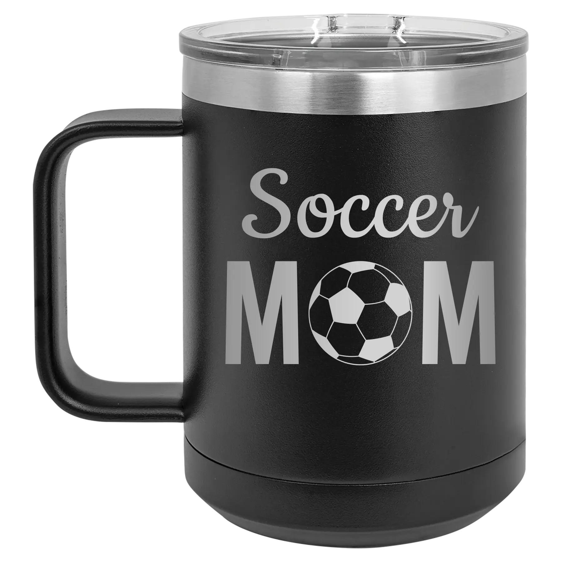 Laser etched black 15 oz vacuum insulated coffee mug with 'Mom Soccer2' design