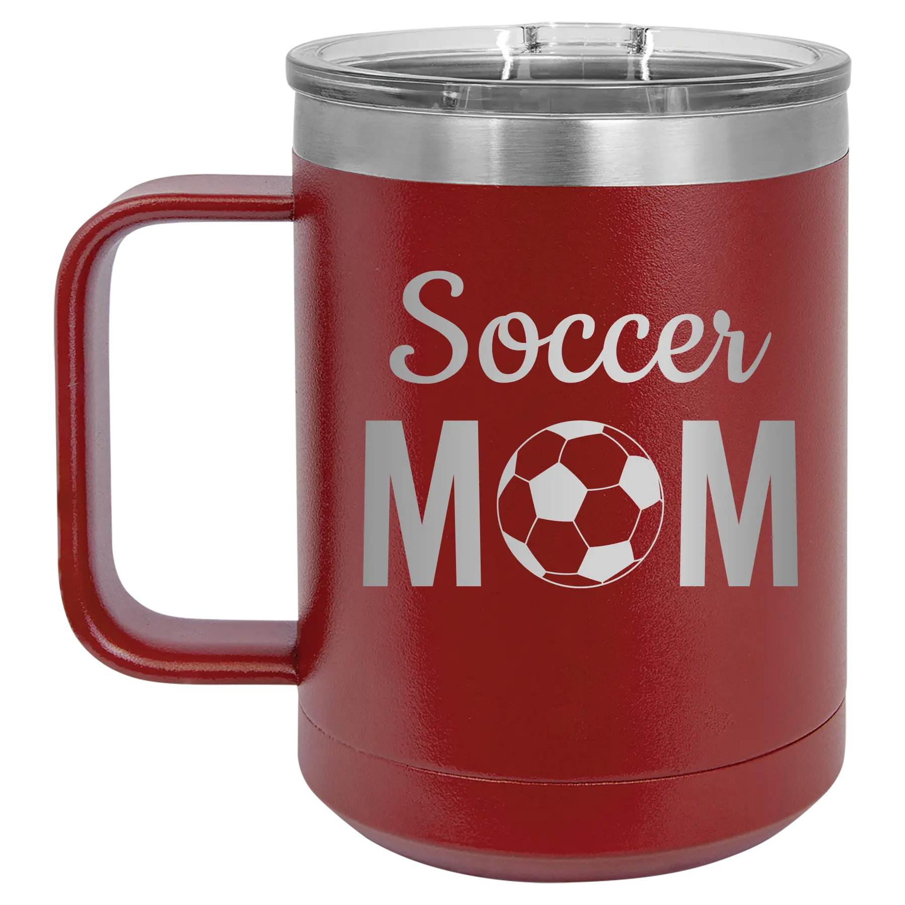 Laser etched maroon 15 oz vacuum insulated coffee mug with 'Mom Soccer2' design