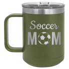 Laser etched olive green 15 oz vacuum insulated coffee mug with 'Mom Soccer2' design