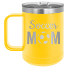 Laser etched yellow 15 oz vacuum insulated coffee mug with 'Mom Soccer2' design
