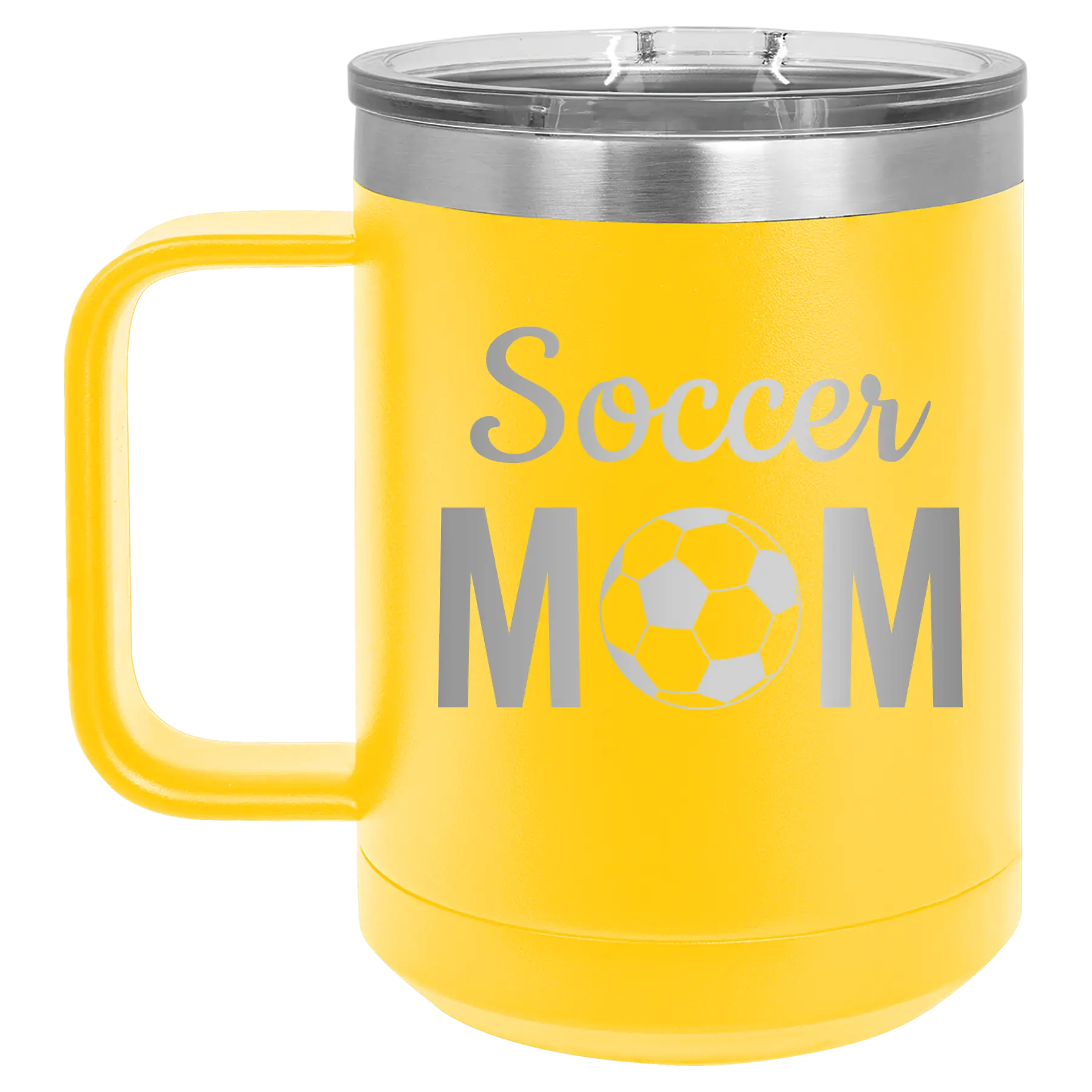 Laser etched yellow 15 oz vacuum insulated coffee mug with 'Mom Soccer2' design