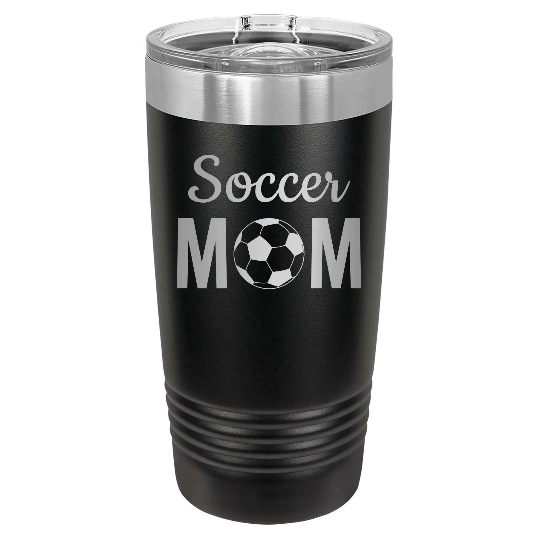 Laser etched black 20 oz vacuum insulated tumbler with 'Mom Soccer2' design