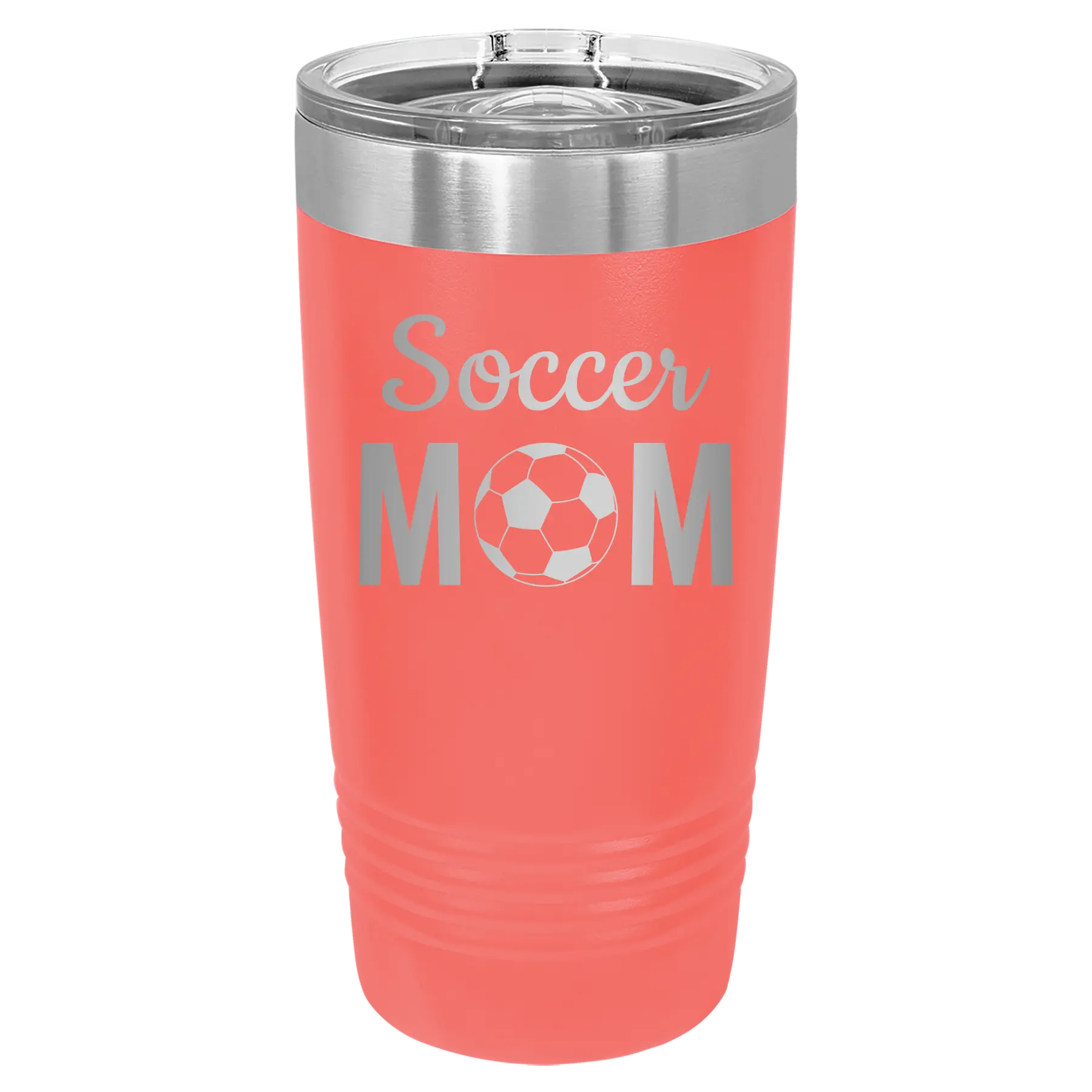 Laser etched coral 20 oz vacuum insulated tumbler with 'Mom Soccer2' design