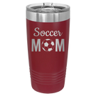 Laser etched maroon 20 oz vacuum insulated tumbler with 'Mom Soccer2' design