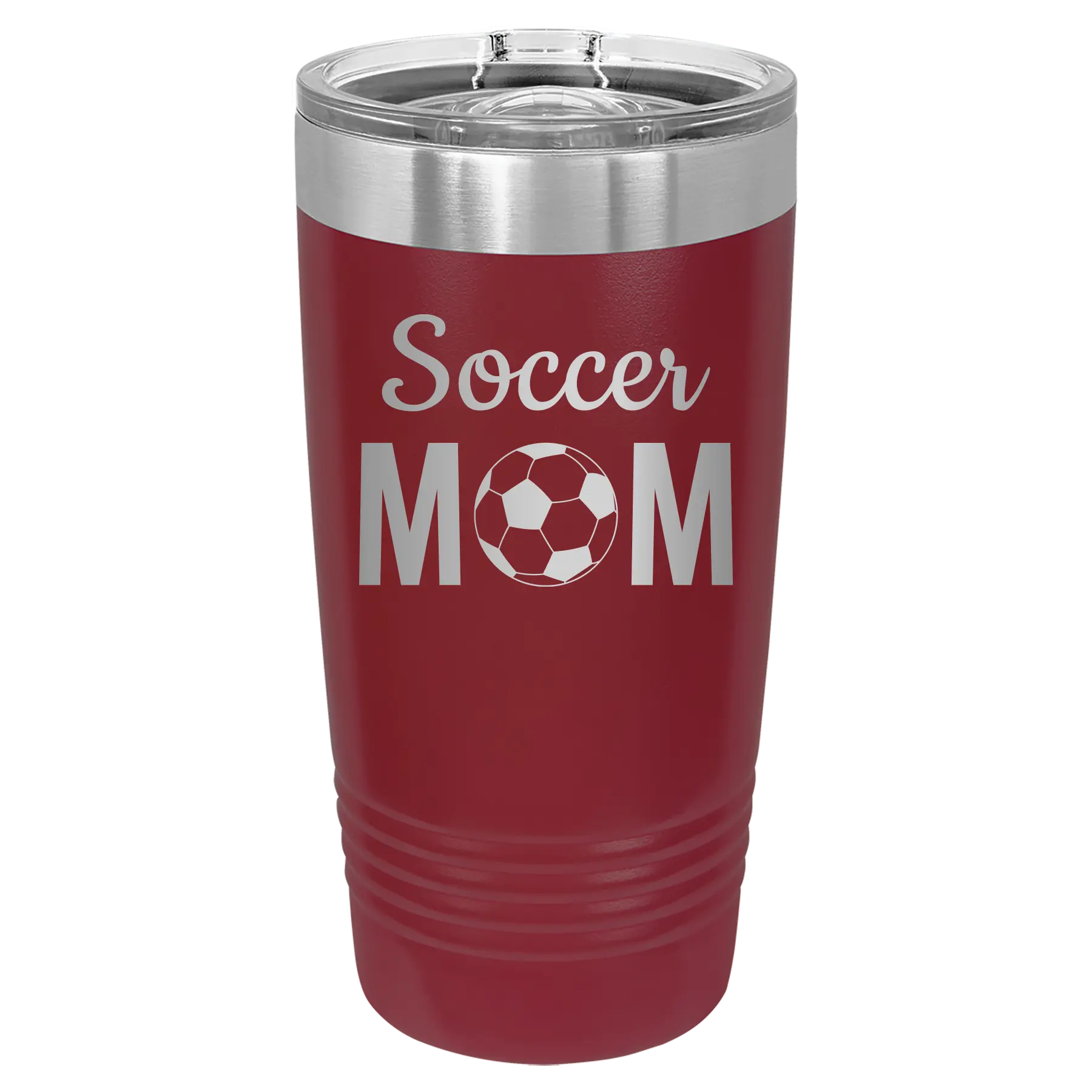 Laser etched maroon 20 oz vacuum insulated tumbler with 'Mom Soccer2' design