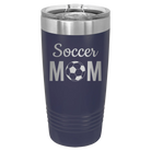 Laser etched navy 20 oz vacuum insulated tumbler with 'Mom Soccer2' design