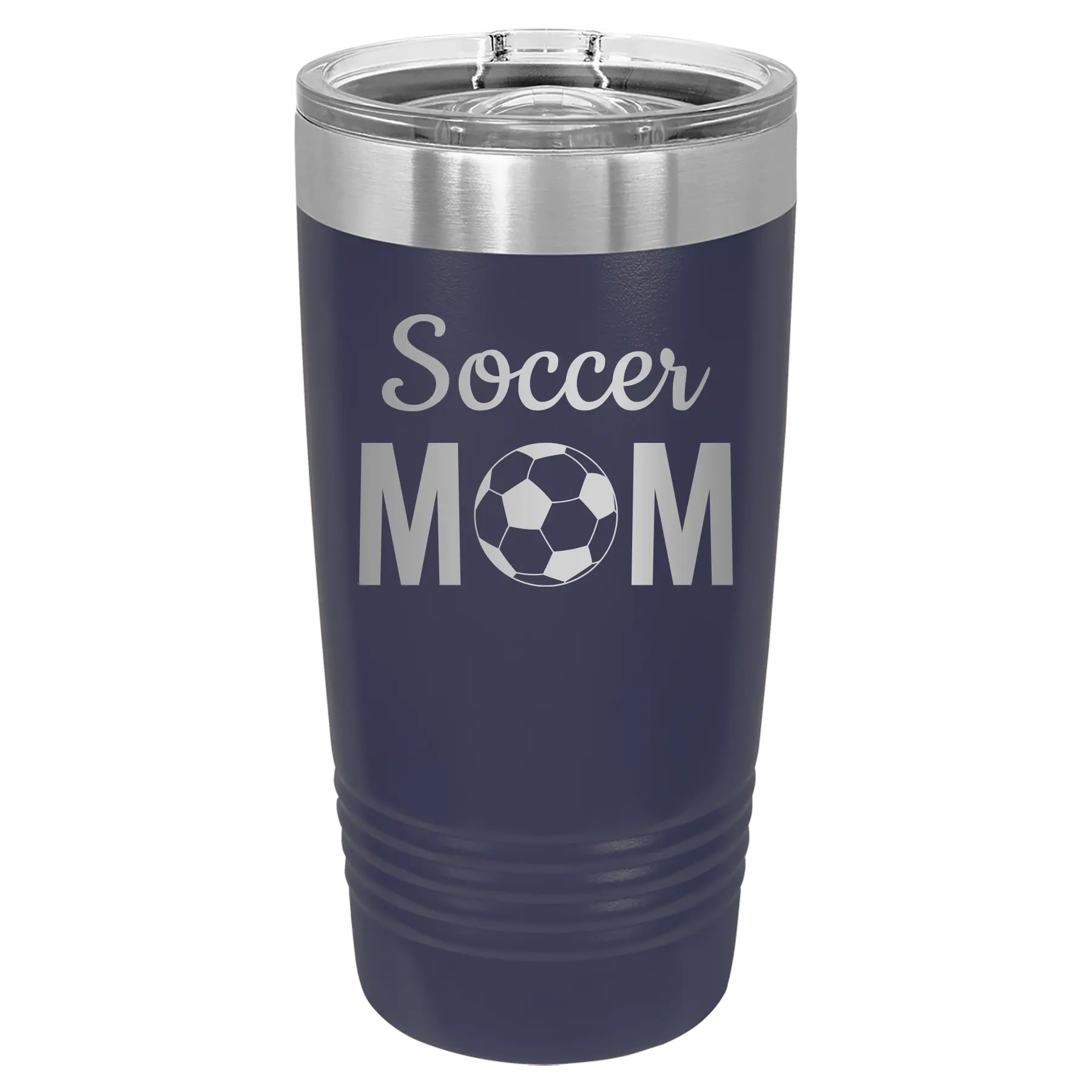 Laser etched navy 20 oz vacuum insulated tumbler with 'Mom Soccer2' design