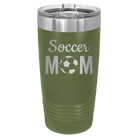 Laser etched olive green 20 oz vacuum insulated tumbler with 'Mom Soccer2' design