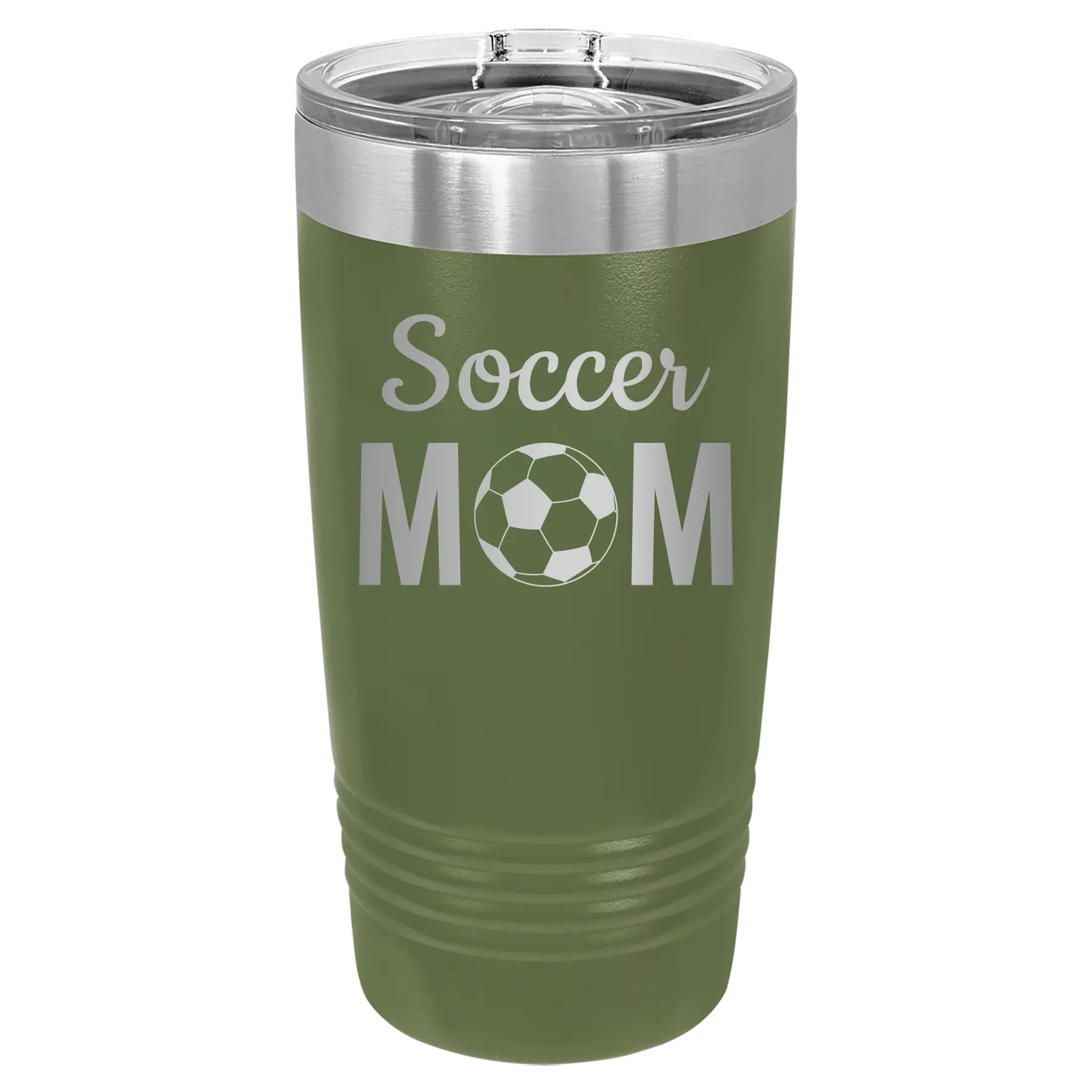 Laser etched olive green 20 oz vacuum insulated tumbler with 'Mom Soccer2' design