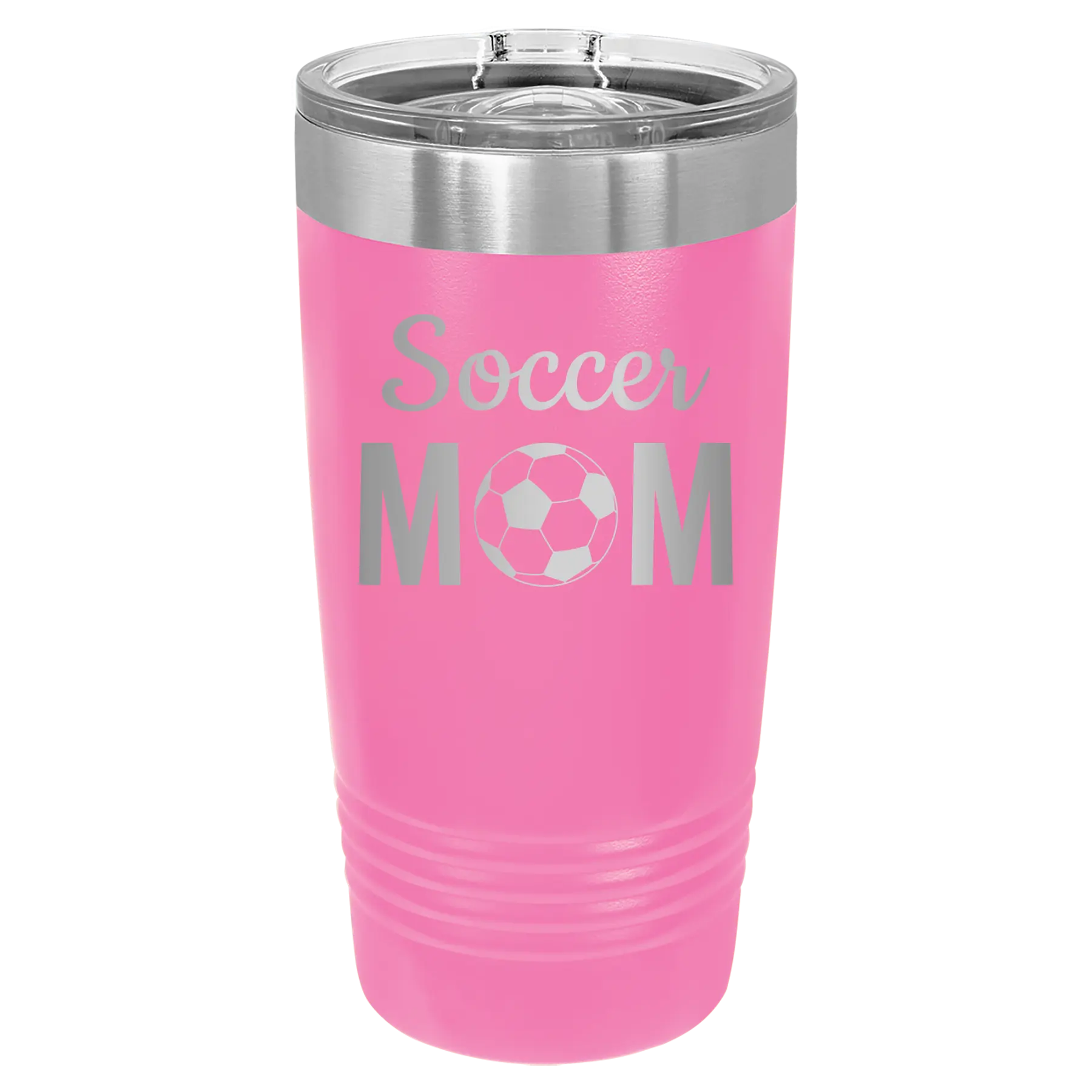 Laser etched pink 20 oz vacuum insulated tumbler with 'Mom Soccer2' design