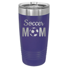 Laser etched purple 20 oz vacuum insulated tumbler with 'Mom Soccer2' design