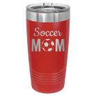 Laser etched red 20 oz vacuum insulated tumbler with 'Mom Soccer2' design