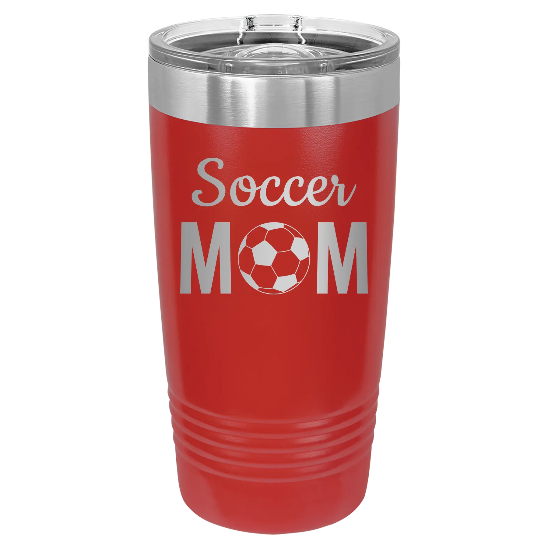 Laser etched red 20 oz vacuum insulated tumbler with 'Mom Soccer2' design