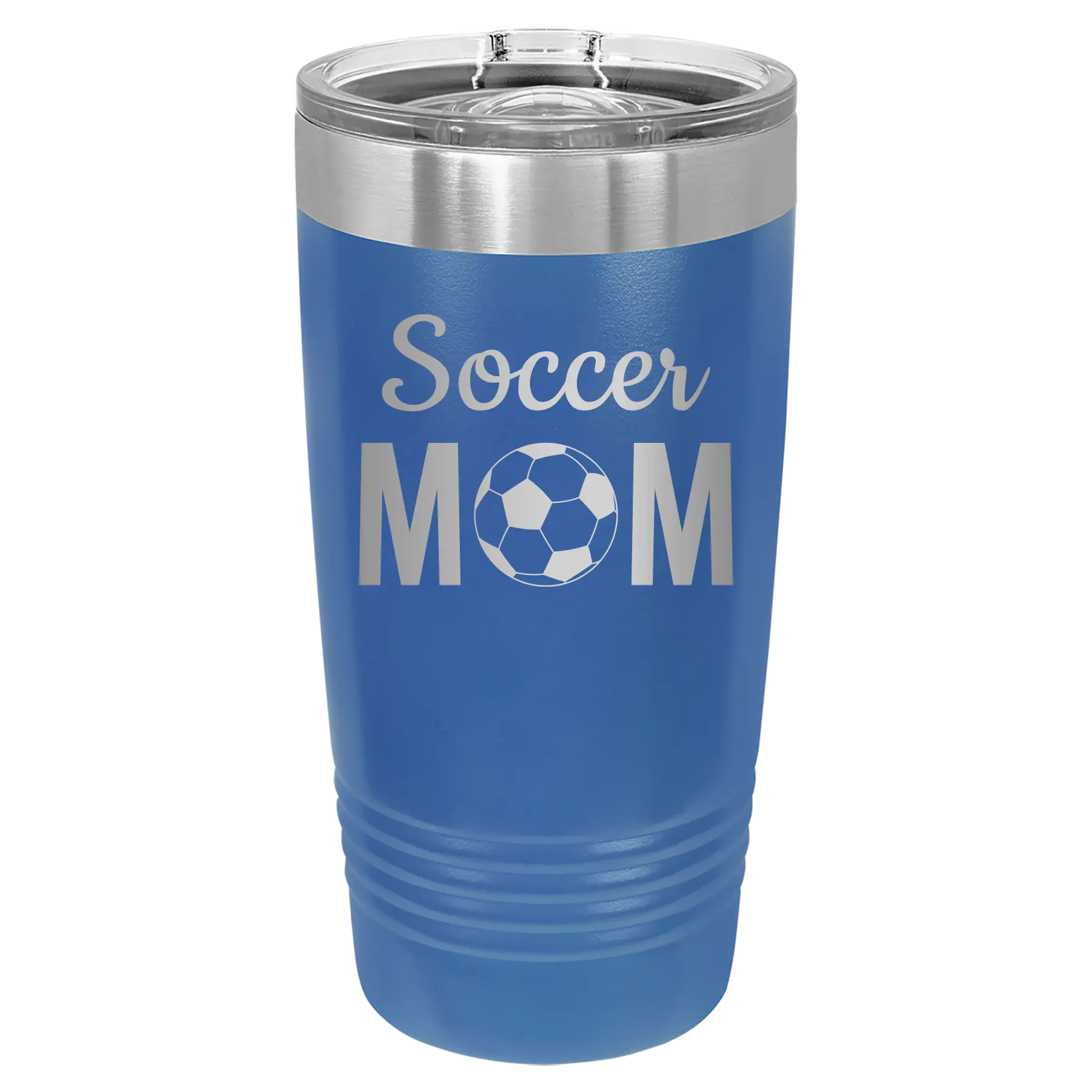Laser etched royal blue 20 oz vacuum insulated tumbler with 'Mom Soccer2' design