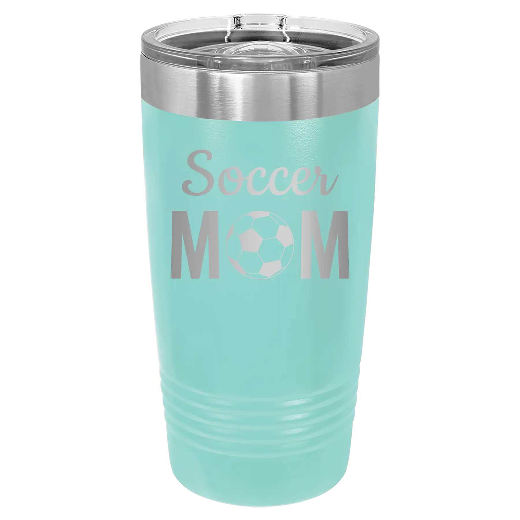 Laser etched teal 20 oz vacuum insulated tumbler with 'Mom Soccer2' design