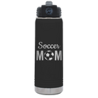 Laser etched black 20 oz vacuum insulated water bottle with 'Mom Soccer2' design