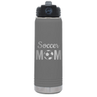Laser etched dark gray 20 oz vacuum insulated water bottle with 'Mom Soccer2' design