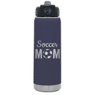 Laser etched navy 20 oz vacuum insulated water bottle with 'Mom Soccer2' design
