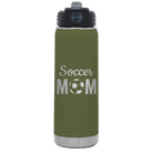 Laser etched olive green 20 oz vacuum insulated water bottle with 'Mom Soccer2' design