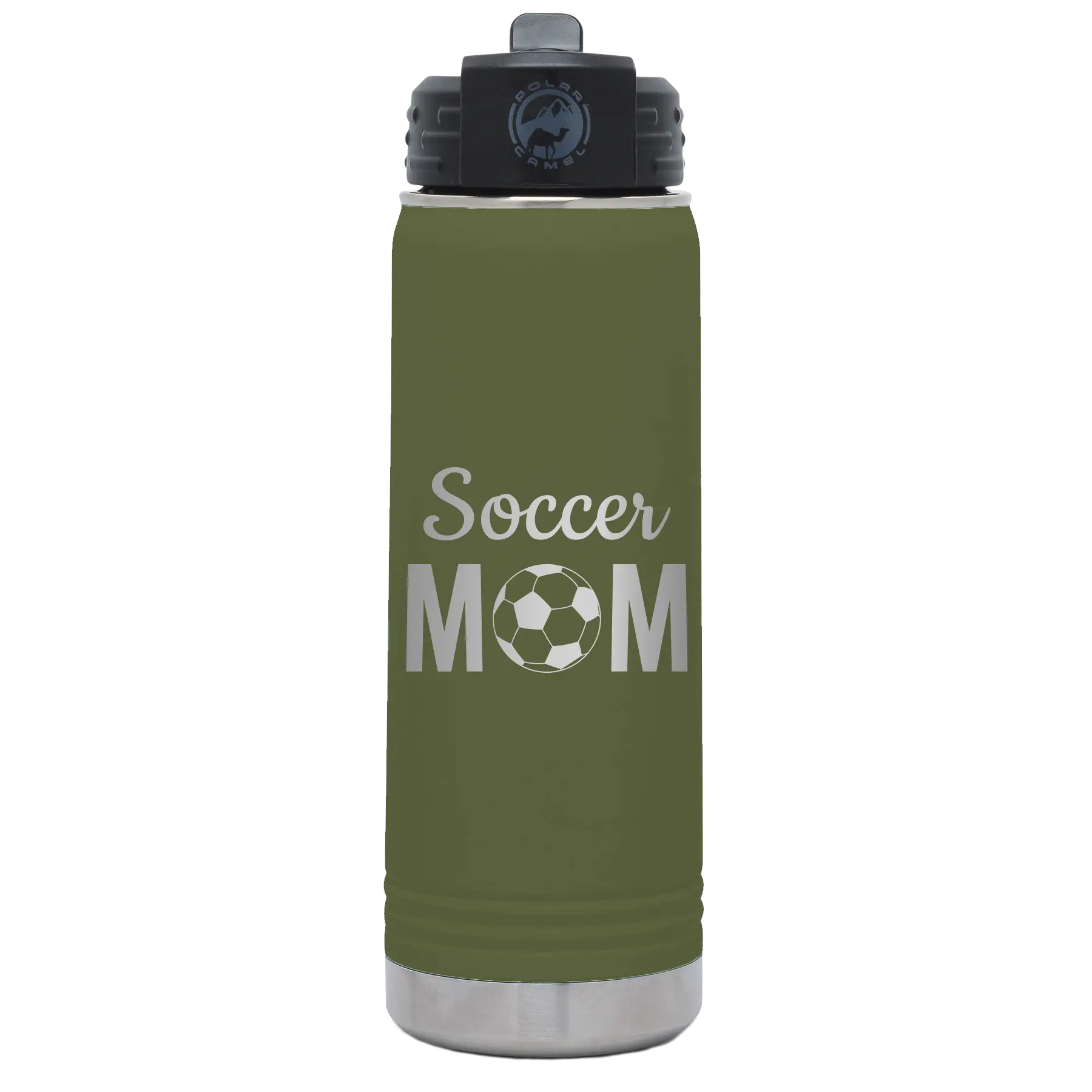 Laser etched olive green 20 oz vacuum insulated water bottle with 'Mom Soccer2' design